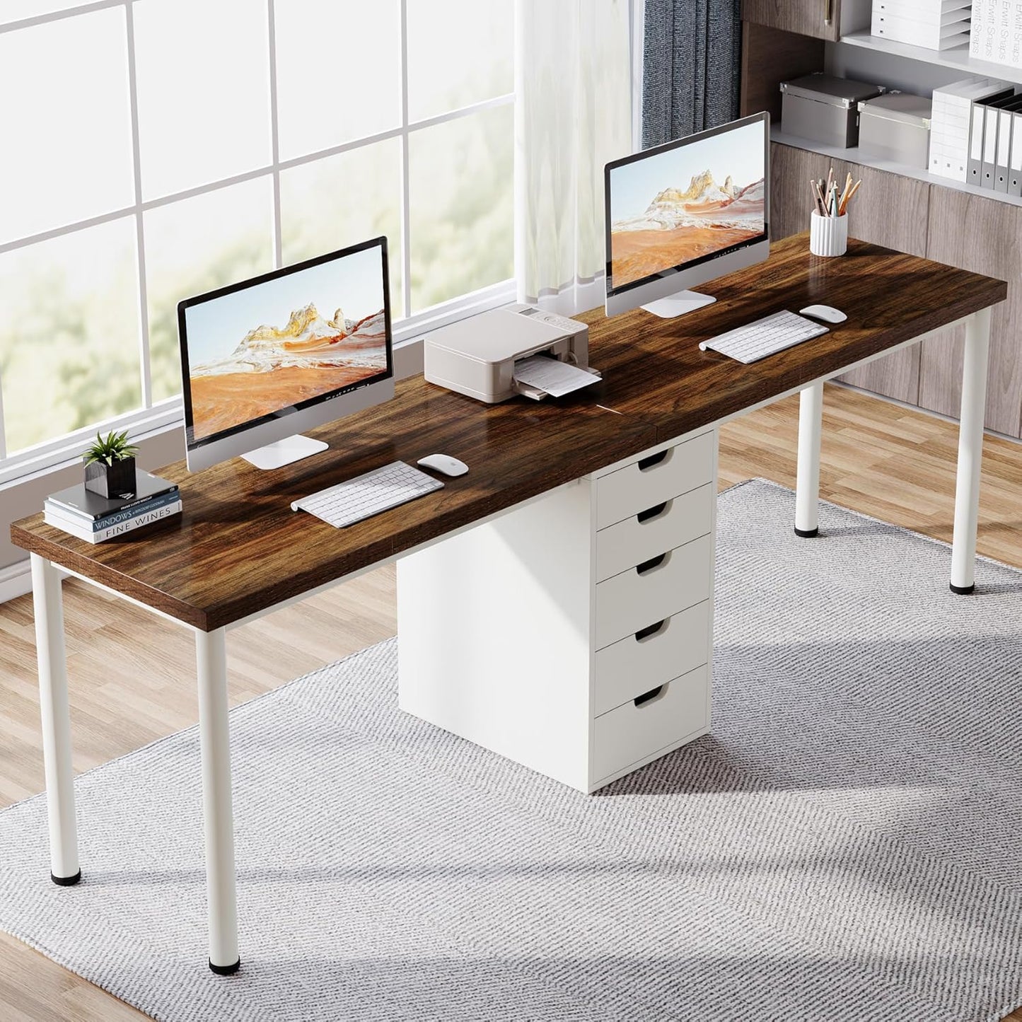 Two Person Computer Desk with 5 Drawers, 78.7 Inches Extra Long Double Office Desk, Modern Simple Double Computer Desk Study Writing Table Workstation for Home Office(Brown/White)