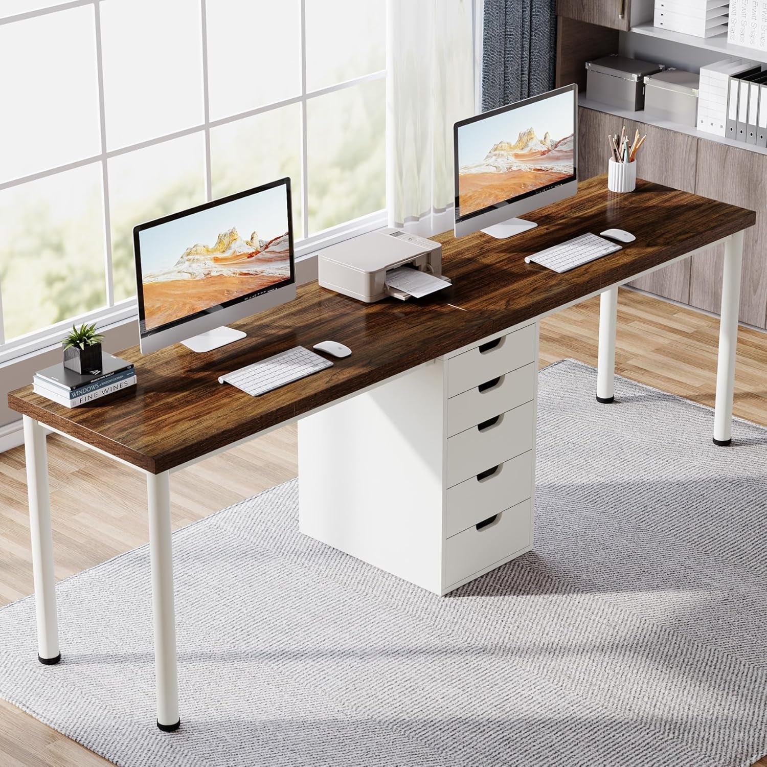 Two Person Computer Desk with 5 Drawers, 78.7 Inches Extra Long Double Office Desk, Modern Simple Double Computer Desk Study Writing Table Workstation for Home Office(Brown/White)