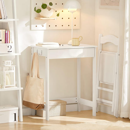 White Small Desk with Drawers, Mini Table Computer Writing Workstation Children Teenagers Desk with Drawer and Hooks, White FWT43-W
