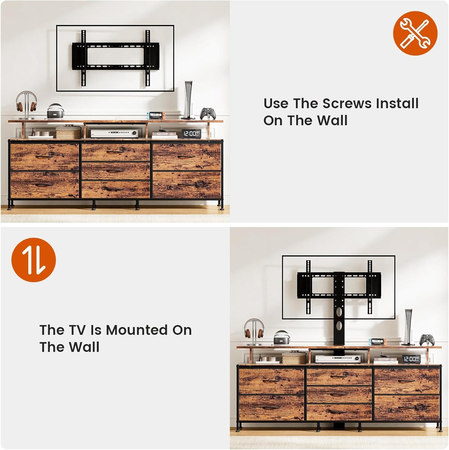 TV Stand with Mount, 63" Entertainment Center for 32/45/55/60/65/70 Inch Tvs, Media Console Table with 7 Drawers, Height Adjustable Mount, Dresser TV Stand for Living Room, Rustic Brown