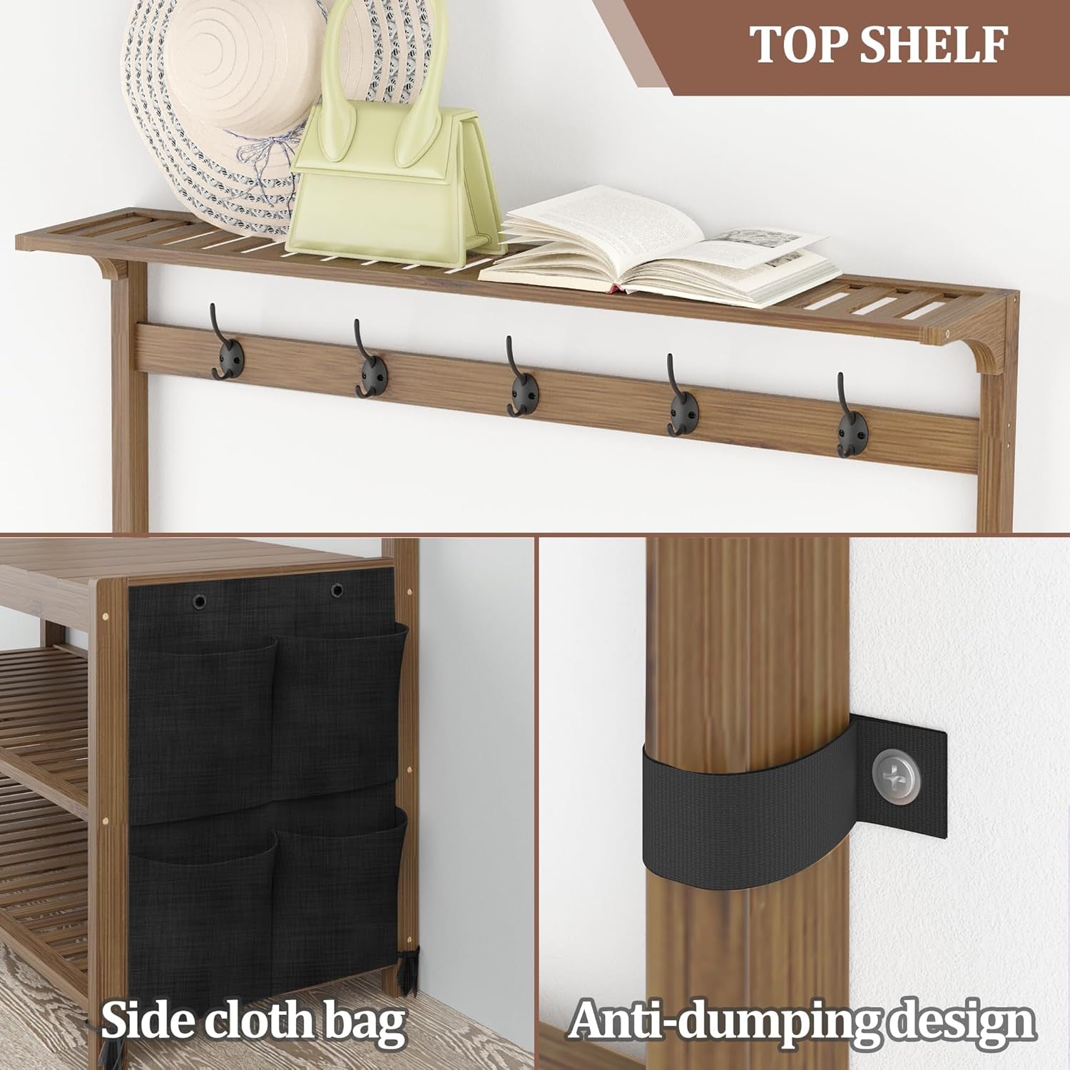 Hall Tree with Bench and Shoe Storage, Entryway Bench with Shoe Storage, 6-In-1 Coat Rack with Cloth Bag And14 Coat Hooks, Sturdy Bamboo Frame, Large Size, Brown 39 * 15 * 70 Inches