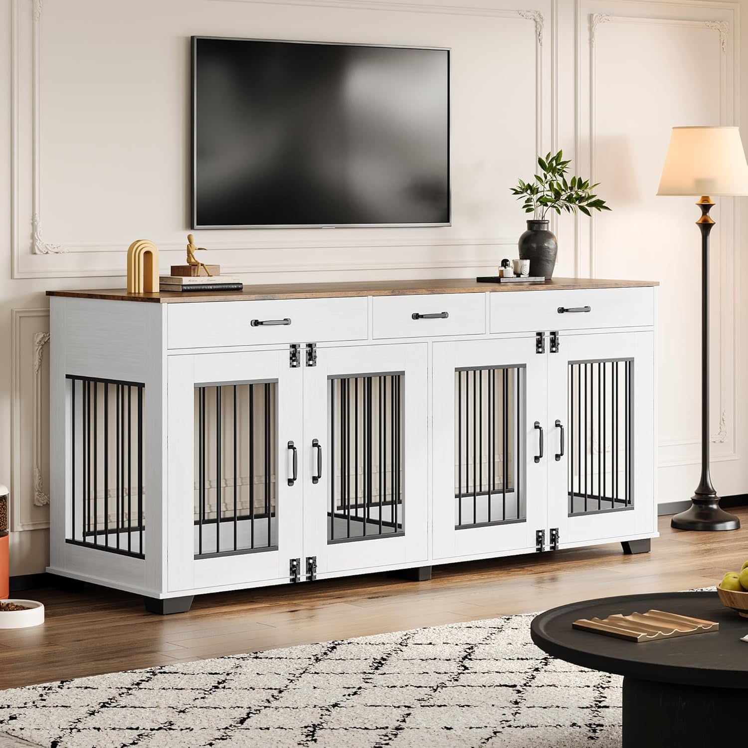 71" Large Dog Crate for 2 Dogs, Double Dog Cage Furniture with 3 Drawers for Ample Storage Space, Furniture Style Indoor Dog Crate & TV Stand, for Large Medium Dogs, White