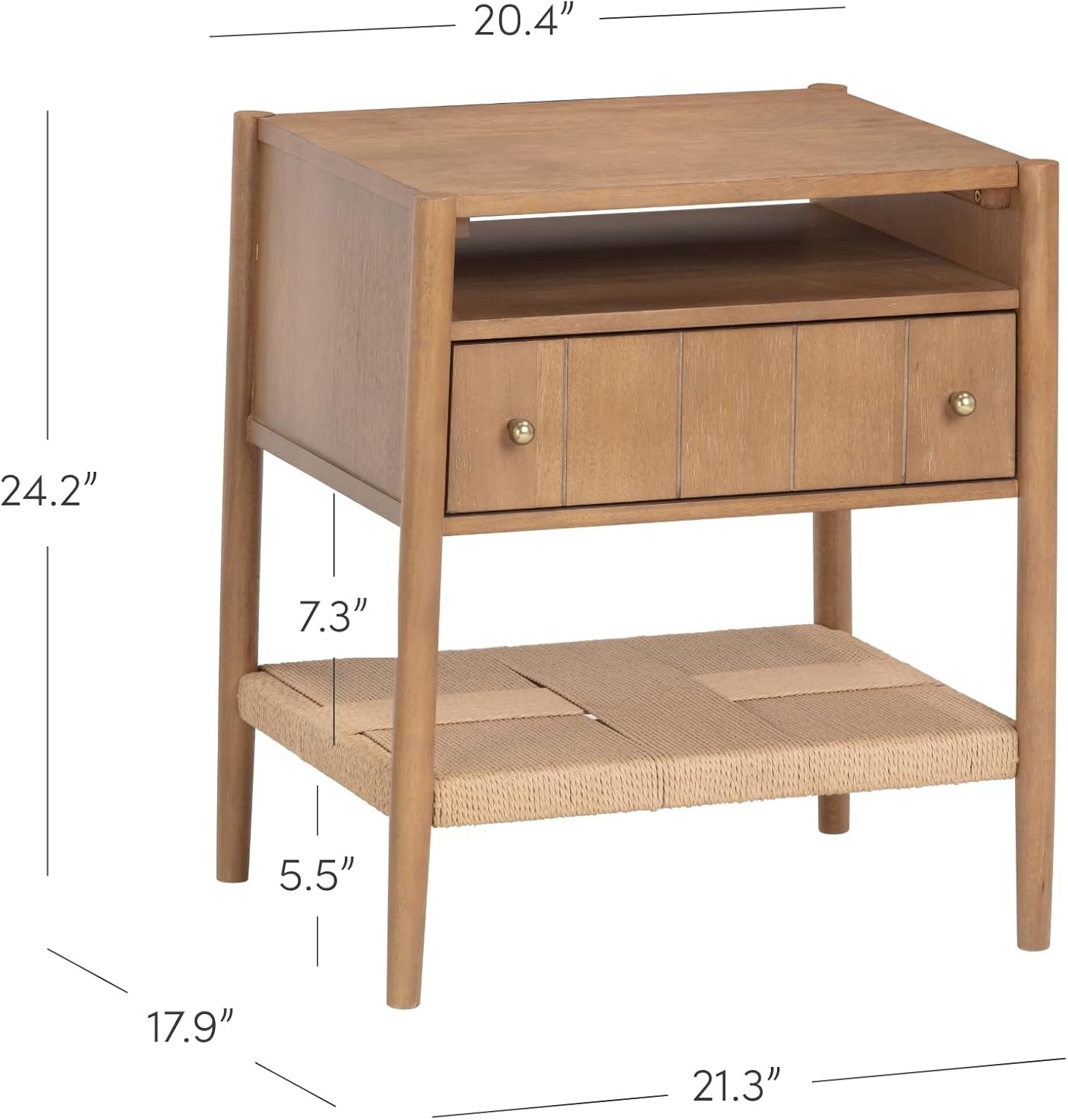 Meads Wood Nightstand with Drawer, Vintage Nightstand with Seagrass Storage and Brass Handles, Light Brown