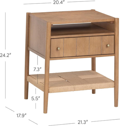 Meads Wood Nightstand with Drawer, Vintage Nightstand with Seagrass Storage and Brass Handles, Light Brown