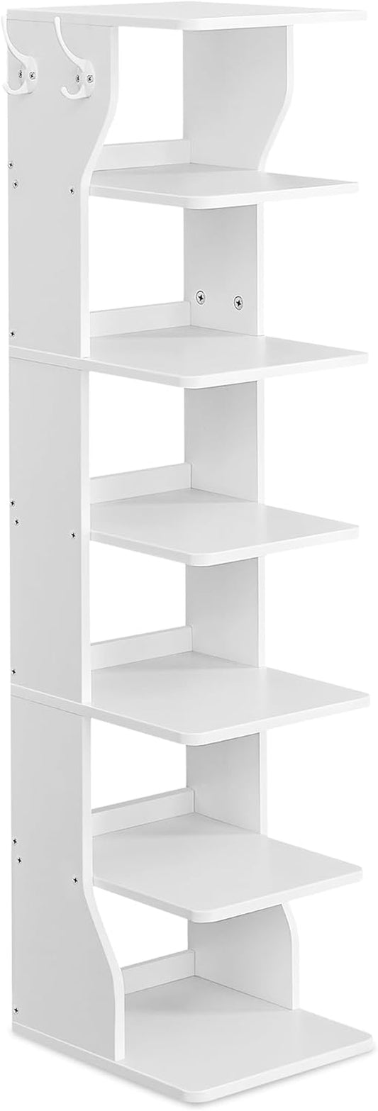 7-Tier Vertical Shoe Rack, Narrow Shoe Storage Organizer with Hooks, Slim Corner Shoe Tower Rack, Space Saving for Entryway and Bedroom, White ULBS200T14