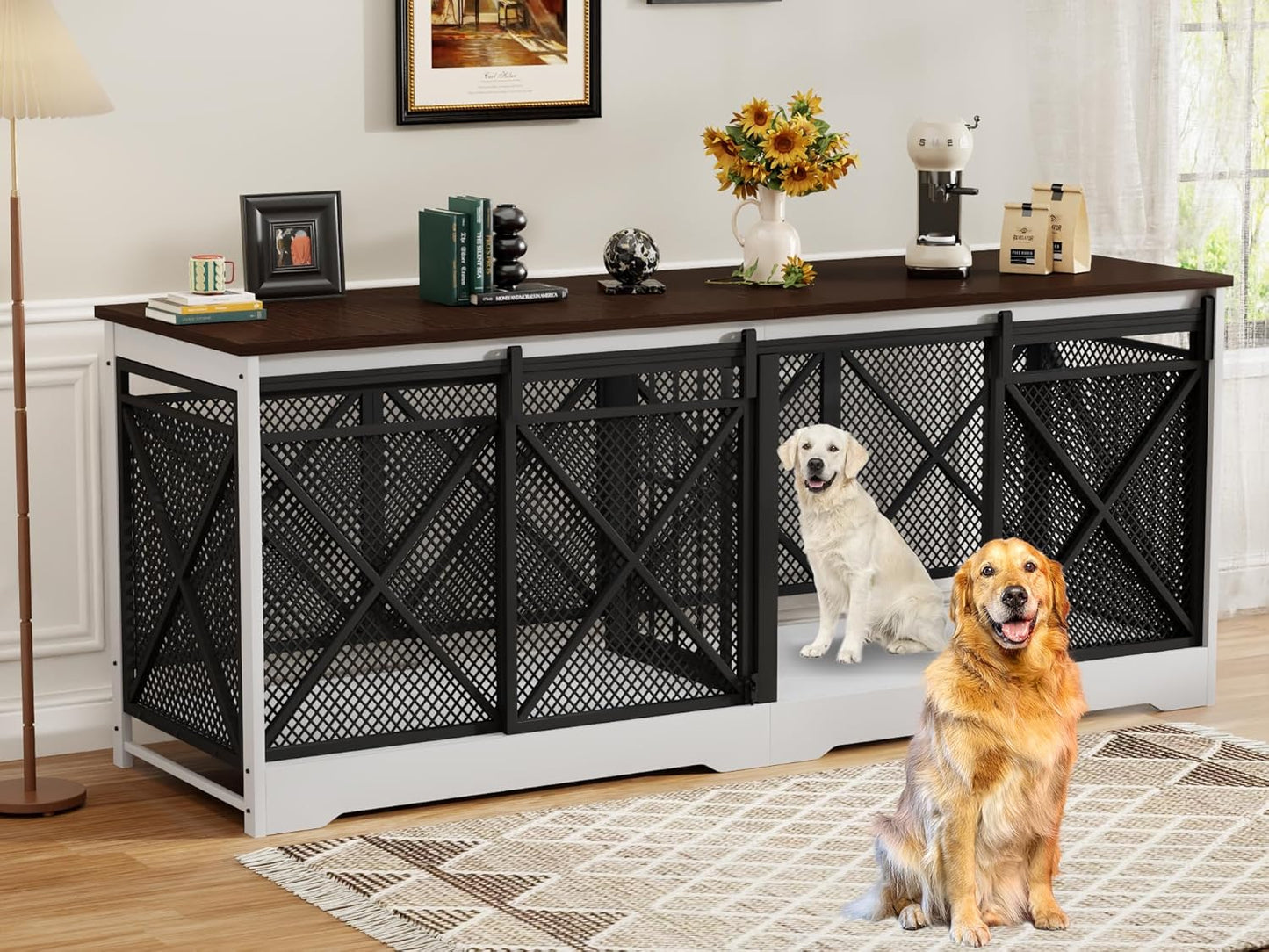 78 Inch Double Dog Crate Furniture, Extra Large Dog Kennel Indoor for Medium Large 2 Dogs, Heavy Duty Dog Cage Chew-Resistant Steel and Wooden Pet House with Removable Divider (White Brown)