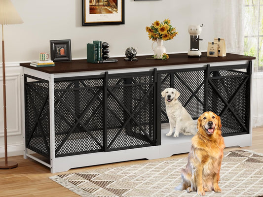 78 Inch Double Dog Crate Furniture, Extra Large Dog Kennel Indoor for Medium Large 2 Dogs, Heavy Duty Dog Cage Chew-Resistant Steel and Wooden Pet House with Removable Divider (White Brown)