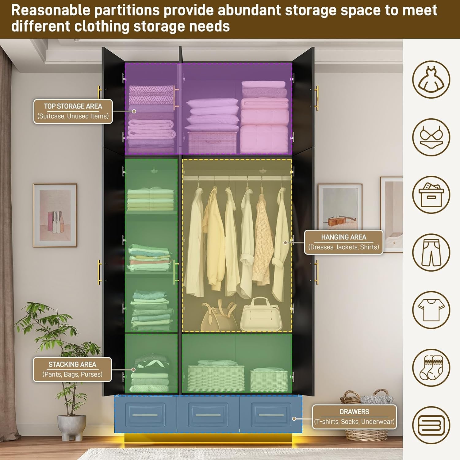 Large Armoire Wardrobe Closet Cabinet with Drawers and LED Lights, Multi-Tier Shelves, Hanging Rod, Large Capacity Storage 3 Door Wardrobe Armoire with Top Cabinet for Bedroom, Black
