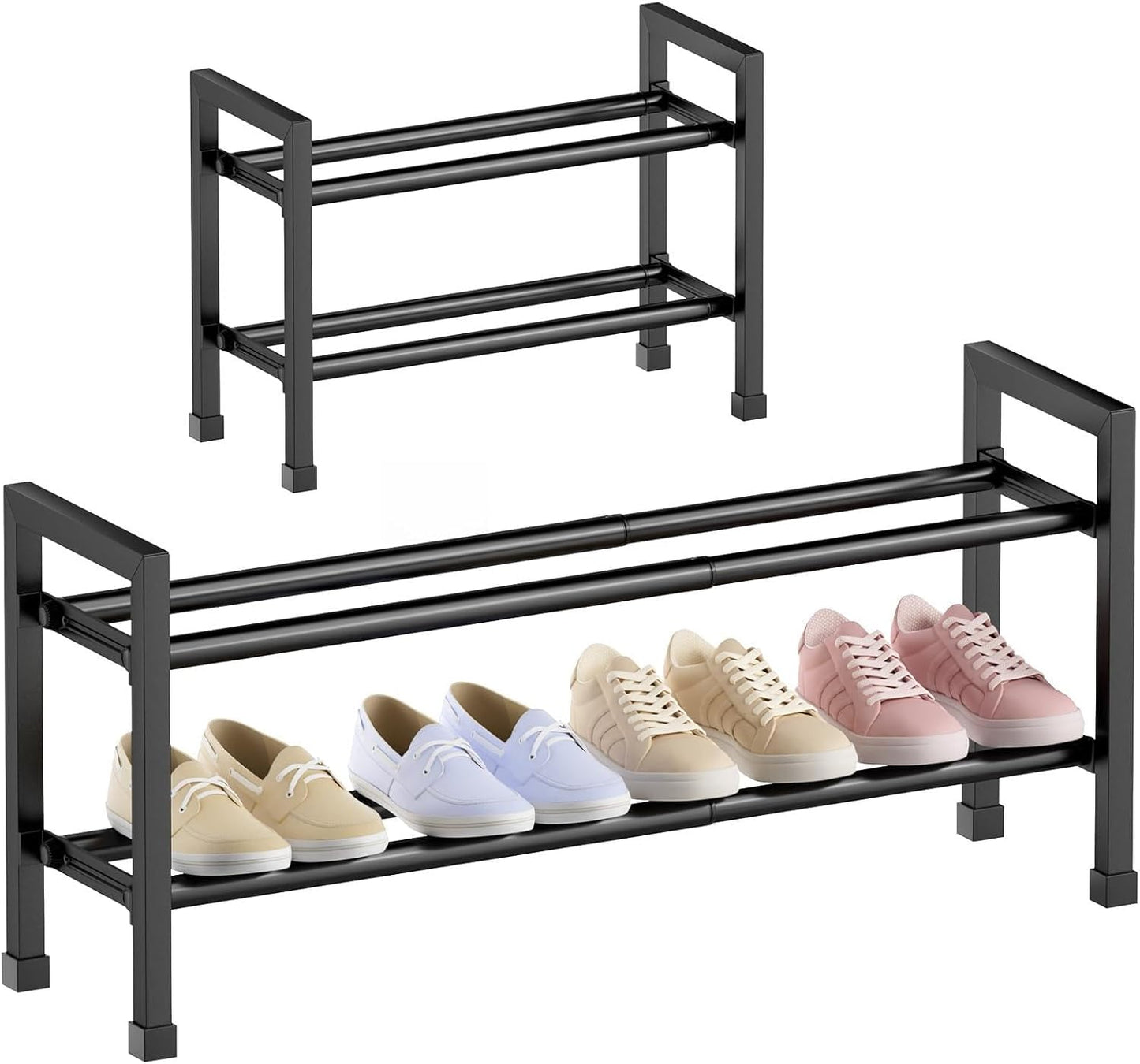 2-Tier Expandable Shoe Rack,17"-33" Adjustable Shoe Rack for Closet,Metal Shoes Shelves for Front Door Entrance, Garage & Corridor, Free Standing Shoe Holders, Easy to Assemble,Black