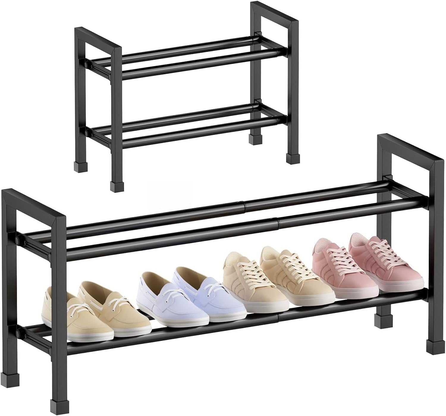 2-Tier Expandable Shoe Rack,17"-33" Adjustable Shoe Rack for Closet,Metal Shoes Shelves for Front Door Entrance, Garage & Corridor, Free Standing Shoe Holders, Easy to Assemble,Black