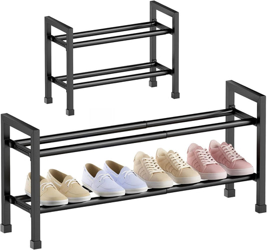 2-Tier Expandable Shoe Rack,17"-33" Adjustable Shoe Rack for Closet,Metal Shoes Shelves for Front Door Entrance, Garage & Corridor, Free Standing Shoe Holders, Easy to Assemble,Black