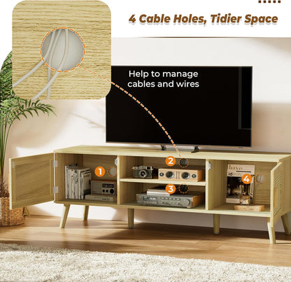 Boho TV Stand for 65 Inch TV, Entertainment Center with Adjustable Shelf, Rattan TV Console with 2 Cabinets, Media Console, Solid Wood Feet, 4 Cord Holes, for Living Room - Natural, 8782T