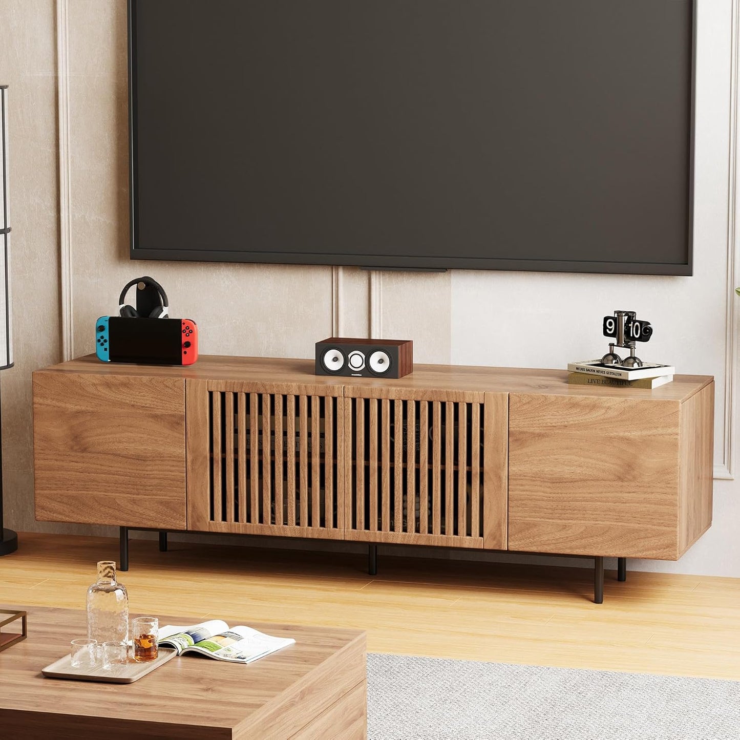 70.87“ Modern TV Cabinet for 70-Inch TV, TV Table with Large Storage Space, TV Cabinet Media Console for Living Room and Bedroom, Walnut Color