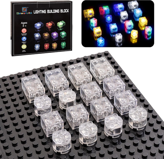 16PCS Light up Building Bricks Multicolor LED Light Brick Sets Classic Transparent 2X2 2X3 Building Block Accessories Kit Toys Compatible with All Major Brands