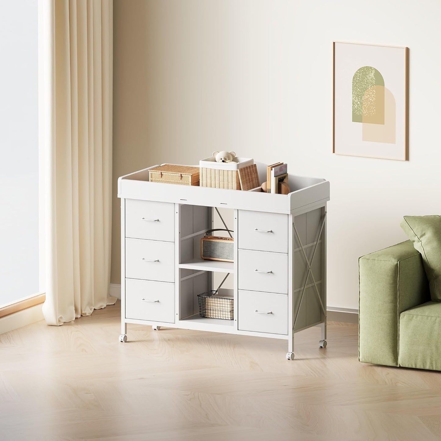 Changing Table, 6-Drawer Baby Dresser with Changing Table Top, Waterproof Diaper Changing Station & Pad, 2 Height-Adjustable Open Storage Shelves, Mobile Nursery Organizer, White