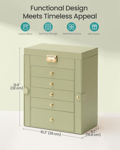 6-Layer Jewelry Box Organizer with 5 Drawers, Jewelry Storage Case with Lock and Mirror, Large Storage Capacity, Gift for Loved Ones, for Necklaces, Watches, Sage Green UJBC152CE01S