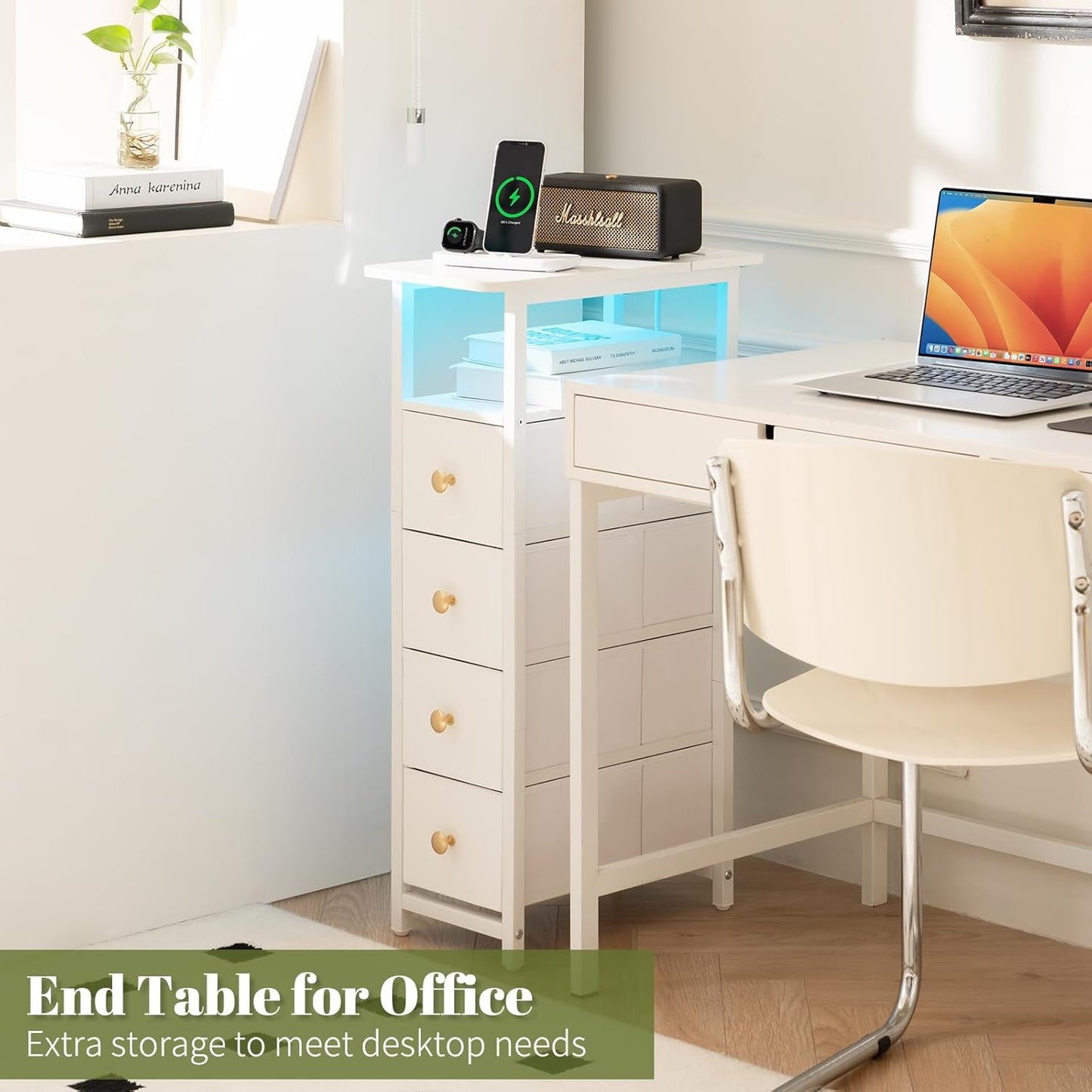 Narrow Dresser for Bedroom, LED Slim Nightstand with Charging Station, Small Dressers Chest of Drawers, Narrow Side Table End Table Tall Skinny Cabinet Night Stand for Small Spaces, White