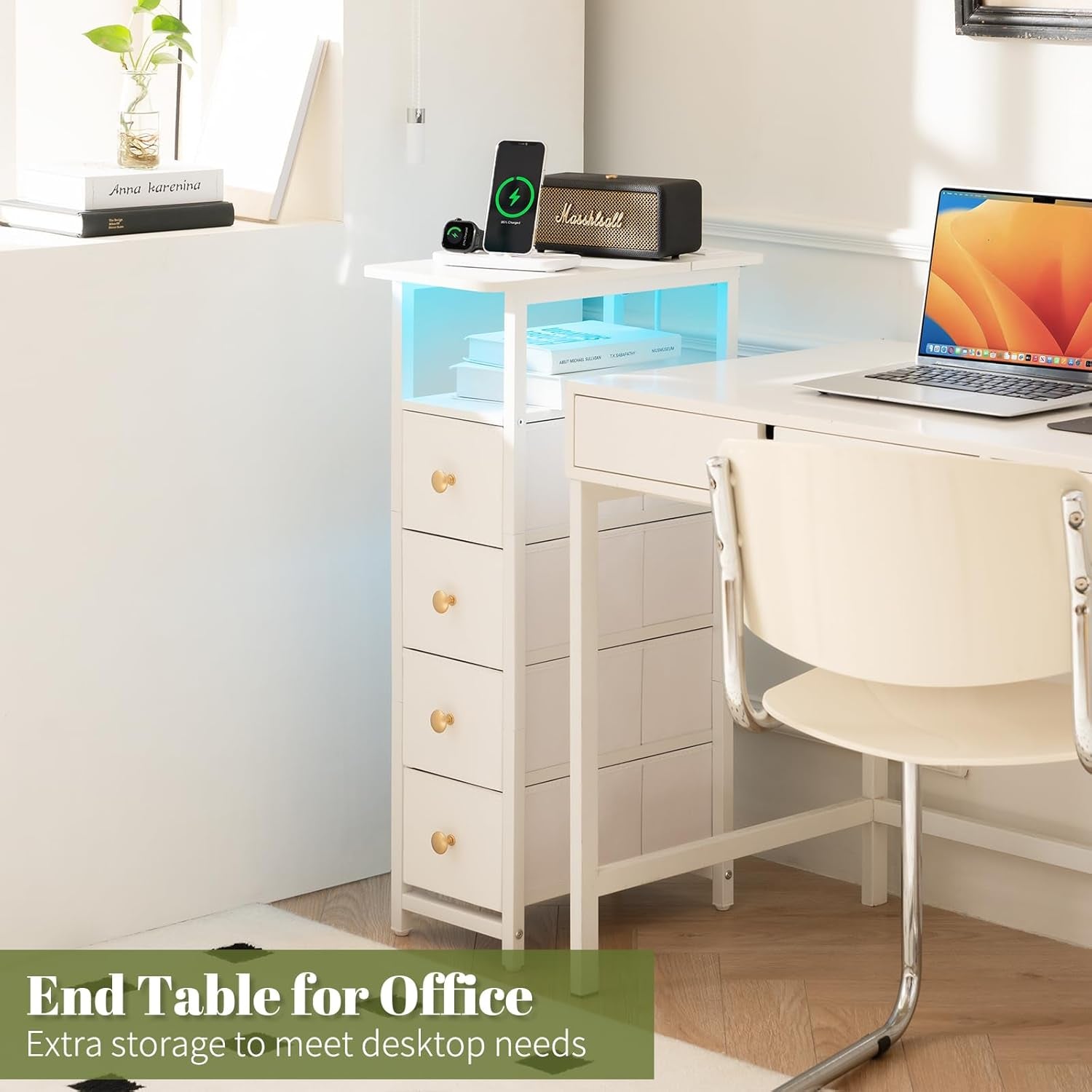 Narrow Dresser for Bedroom, LED Slim Nightstand with Charging Station, Small Dressers Chest of Drawers, Narrow Side Table End Table Tall Skinny Cabinet Night Stand for Small Spaces, White