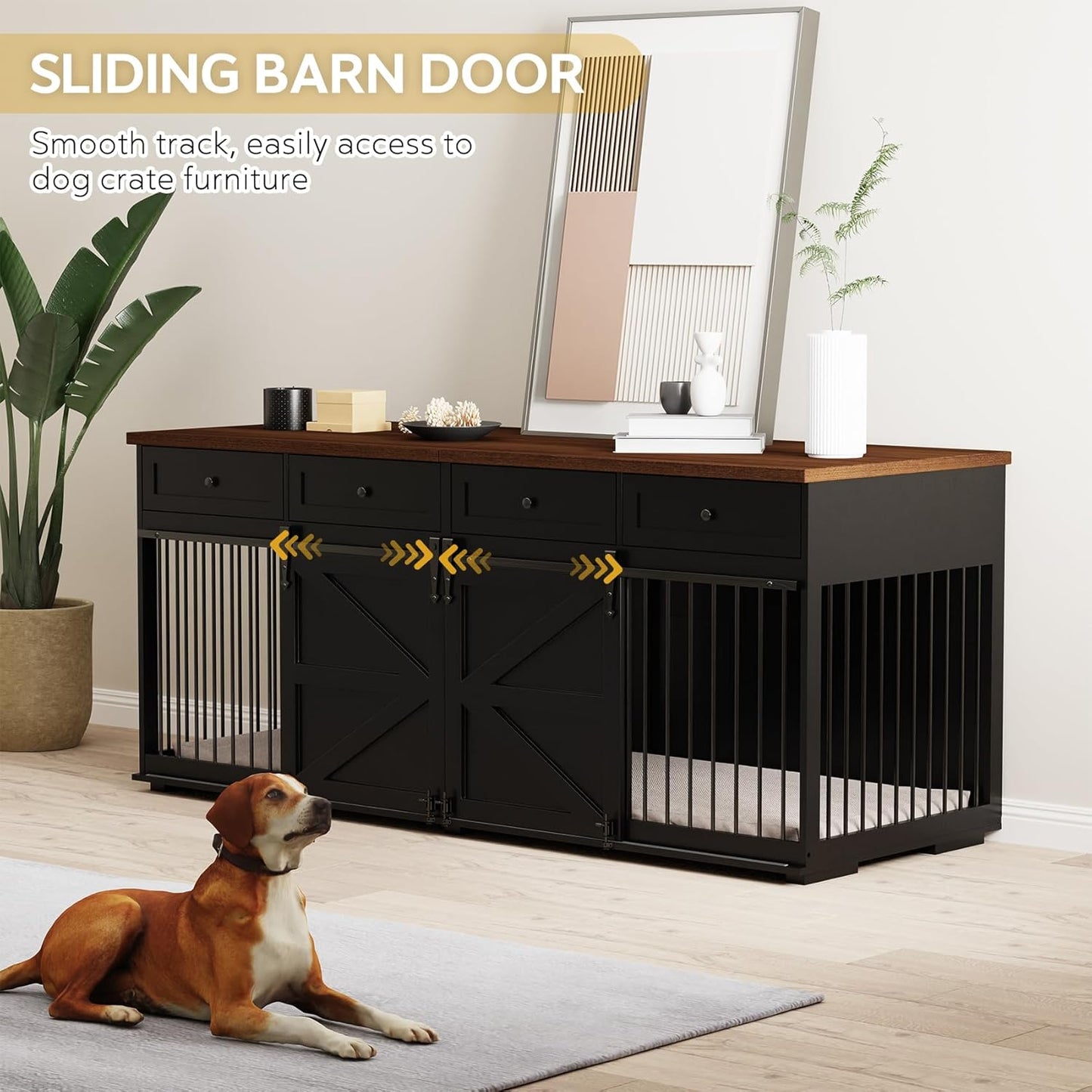 Furniture Style Dog Crate - 83" L Super Large Wooden Dog Kennel Furniture with 4 Drawers & 2 Sliding Barn Doors - for Small Medium Large Dogs, Black