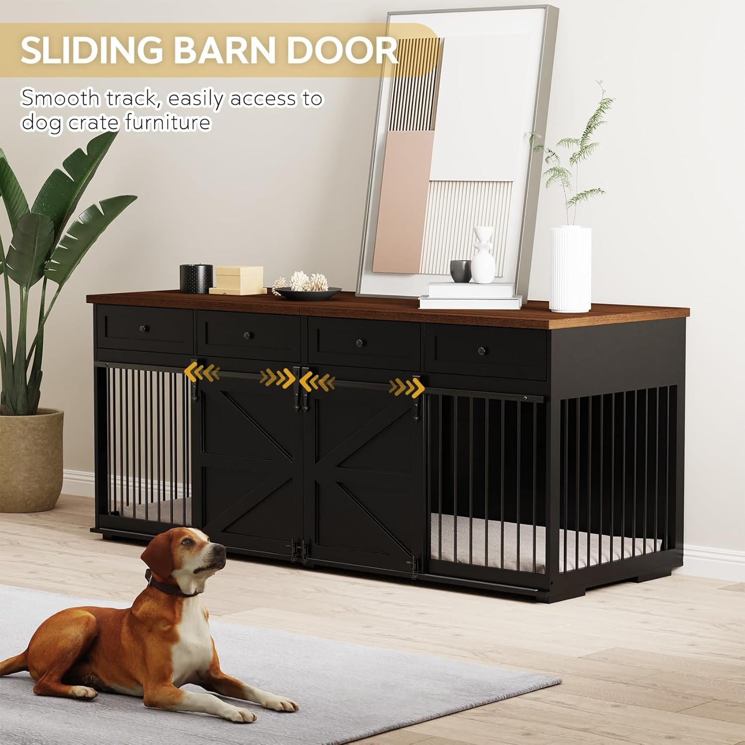 Dog Crate Furniture - Indoor Wooden Dog Kennel Furniture with 4 Drawers & 2 Sliding Barn Doors - for Small Medium Large Dogs - 83" Lx31.5 Wx35.6 H, White