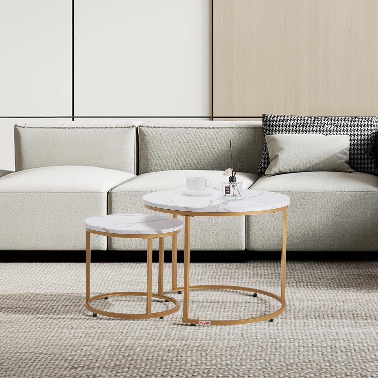 Nesting Coffee Table Set of 2, 23.6 in round Coffee Table, Nesting Tables for Small Place, Vintage End Side Tables Night Stand with Metal Frame, for Living Room, Bedroom, Office (White & Gold)
