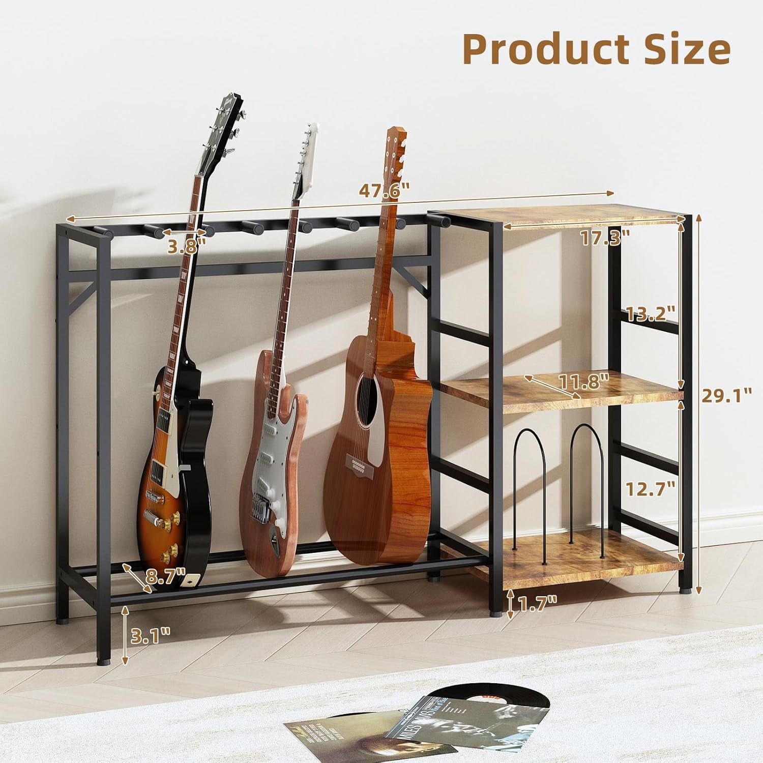 Record Player Stand with Guitar Stand, Record Player Table with Guitar Rack, Guitar Holder 7 Space for Multiple Guitars, Bass, Acoustic, Guitar Display for Home Music Studio, Brown