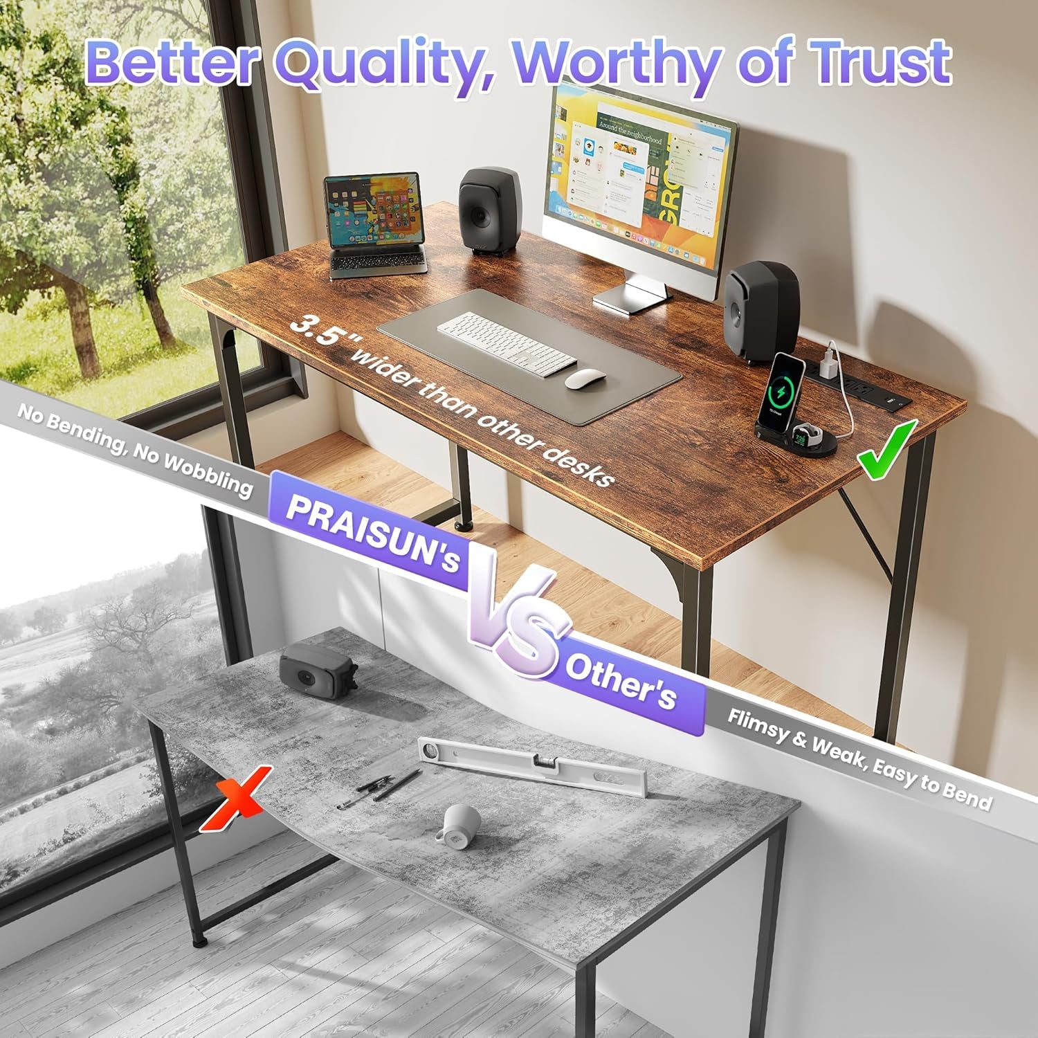 40 X 20 Inch Computer Desk with Power Outlets and USB-C Port, Gaming Office Desk with Deeper Desktop, Writing Work Desk for Home Office, Study, Bedroom, Metal Frame, Rustic Brown