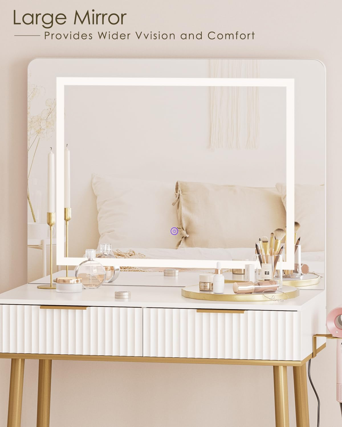 Makeup Vanity Desk with Lights and Mirror, Small Makeup Vanity Table with 2 Drawers, Dressing Table with 3 Adjustable Lighting Color, Small Makeup Desk for Bedroom, White with Gold Leg