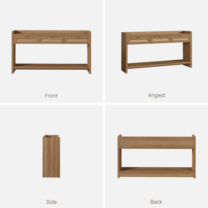 Rattan Console Table Set of 2 - Large Boho TV Console Entry Table with 3 Storage Drawers, 60" Long Sofa Table behind Couch for Living Room, Hallway, Foyer, Entryway