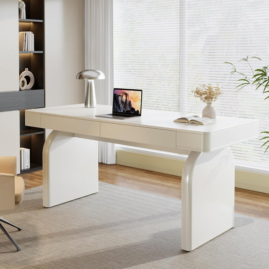 White Desk with Drawers, 63-Inch Modern Executive Office Desk, Glossy Elegant Work Study Desk Writing Table for Home Office, Cream White