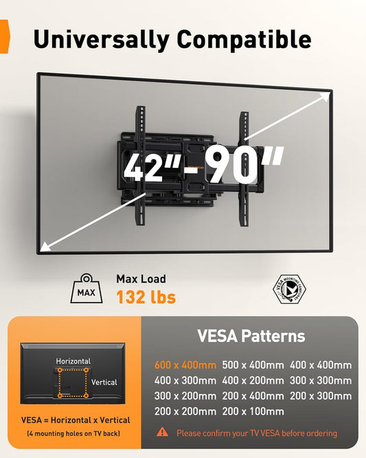 UL Listed Full Motion TV Wall Mount for 42-90 Inch Tvs up to 132 Lbs, TV Mount with Dual Articulating Arms, Tool-Free Tilt, Swivel, Extension, Leveling, Max VESA 600X400Mm, 16" Studs, PGLF8.