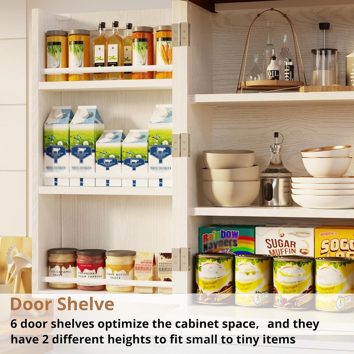 Farmhouse Kitchen Pantry Cabinet, 72" Height Tall Freestanding Cupboard with Sliding Storage Rack and 6 Hanging Shelves for Kitchen, Dining Room, White