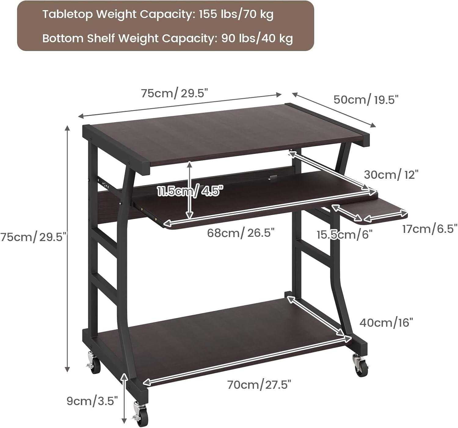 Mobile Computer Desk with Keyboard Tray, Portable Small Rolling Desk with Mouse Tray & Bottom Storage Shelf, Rolling Laptop PC Desk Cart with Lockable Wheels for Small Space (Brown)