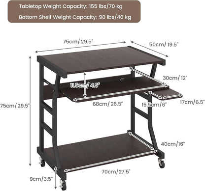 Mobile Computer Desk with Keyboard Tray, Portable Small Rolling Desk with Mouse Tray & Bottom Storage Shelf, Rolling Laptop PC Desk Cart with Lockable Wheels for Small Space (Brown)
