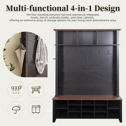 Wood Rustic Hall Tree Entryway Bench with 6 Hooks and Adjustable Shelves, Farmhouse Mudroom Versatile Coat Racks with 16 Open Compartments, Entrance Organizer for Hallway Black