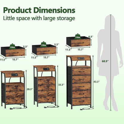 5 Drawers Dresser with Charging Station, Tall Night Stand with Storage Shelf, Fabric Chest of Drawers, Bedside Table for Closet, Entryway, Bedroom Furniture, 3 Ways to Use, Rustic Brown