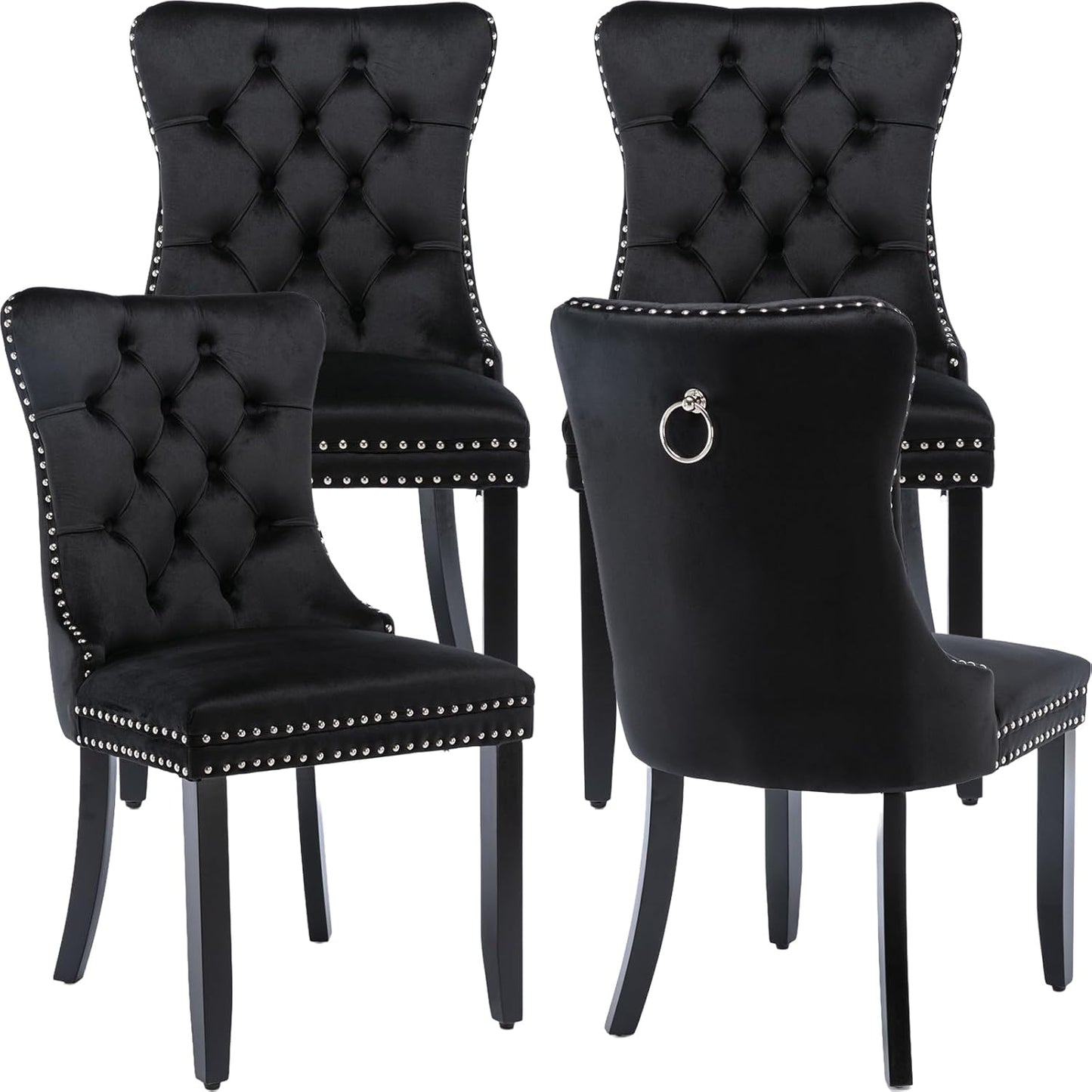 Black Velvet Dining Chairs Set of 4, Kitchen & Dining Room Chairs, Four Fabric Tufted Dinning Chairs, Velvet Upholstered, Wing Back, Metal Pull Ring, Wood Frame, Mid Century Modern
