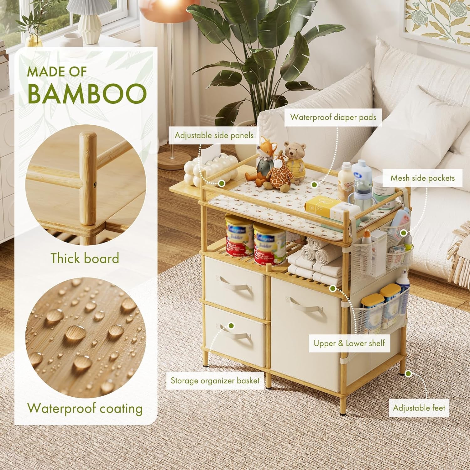 Baby Changing Table, Bamboo Diaper Changing Station with 3 Removable Storage Drawers, Baby Dresser Table with Flat Top, Large Storage Nursery Organizer Shelves with Pad, Mesh Pocket