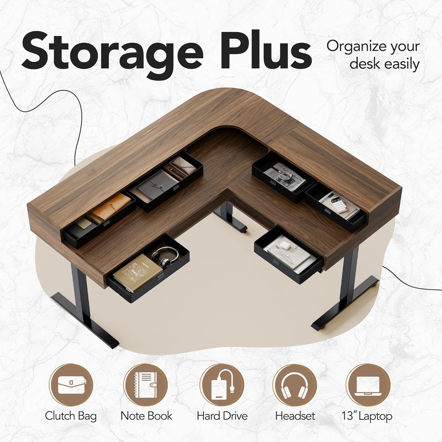65.5" × 57.6" Electric L Shaped Standing Desk with 6 Storage Drawers, 2-Tier Corner Sit Stand Desk with Power Strip Tray & Cable Grommets, Height Adjustable Computer Gaming Table, Walnut