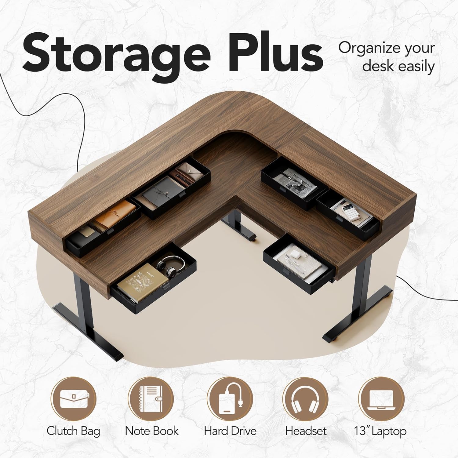 65.5" × 57.6" Electric L Shaped Standing Desk with 6 Storage Drawers, 2-Tier Corner Sit Stand Desk with Power Strip Tray & Cable Grommets, Height Adjustable Computer Gaming Table, Walnut