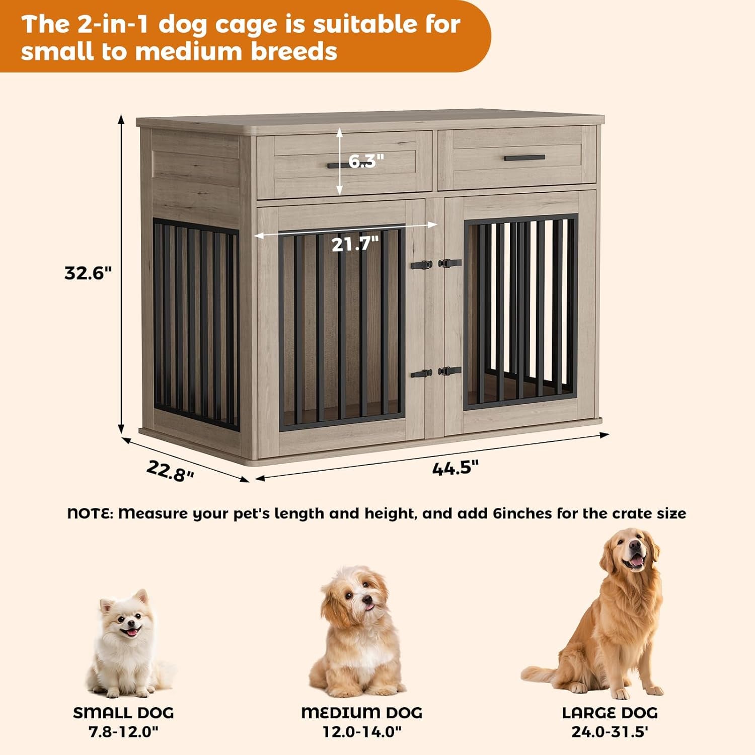 Extra Large Dog Crate Furniture,44.5 Inches Wooden Dog Crate with 2 Storage Drawers and 3 Hooks,Heavy Duty Pet Crate for Large Dog, Decorative Pet Cage with Sliding Barn Door for Indoor,Grey