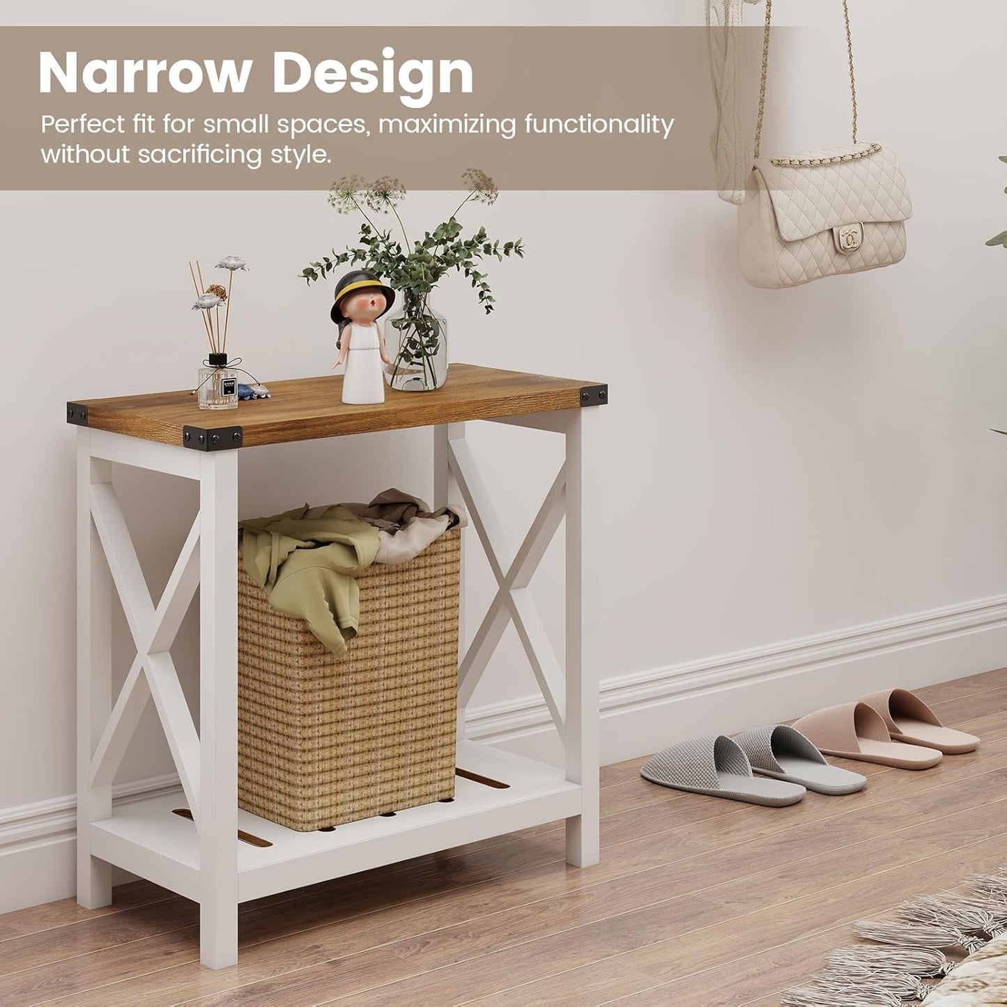 Farmhouse Side Table with Storage Shelf, Narrow Bedside Table for Small Space, Slim End Table, Rustic X-Design Nightstand for Living Room, Bedroom, White & Brown
