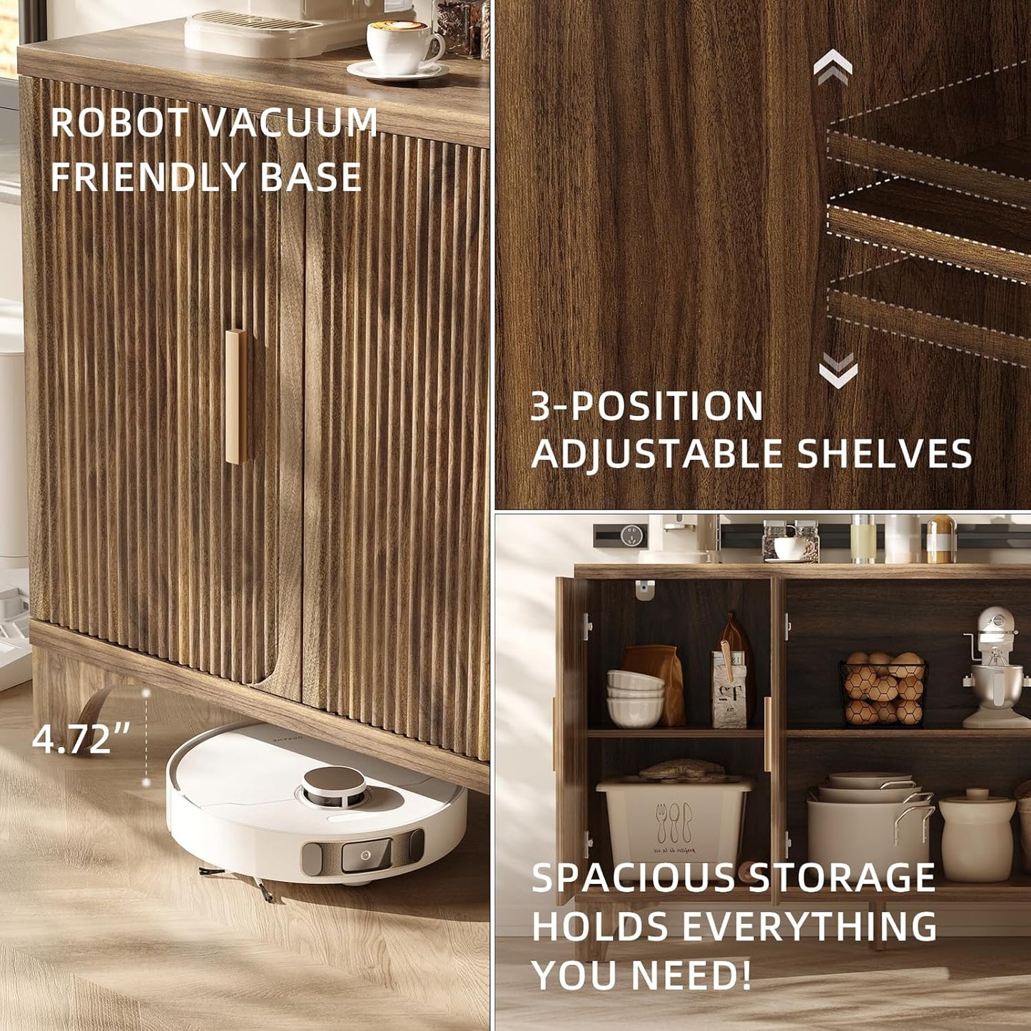 Mid Century Modern Buffet Cabinet with Storage, Accent Sideboard and Credenza with Fluted Doors, Wood Coffee Bar Console for Kitchen, Living Room (Walnut Brown, 47" 3-Door)