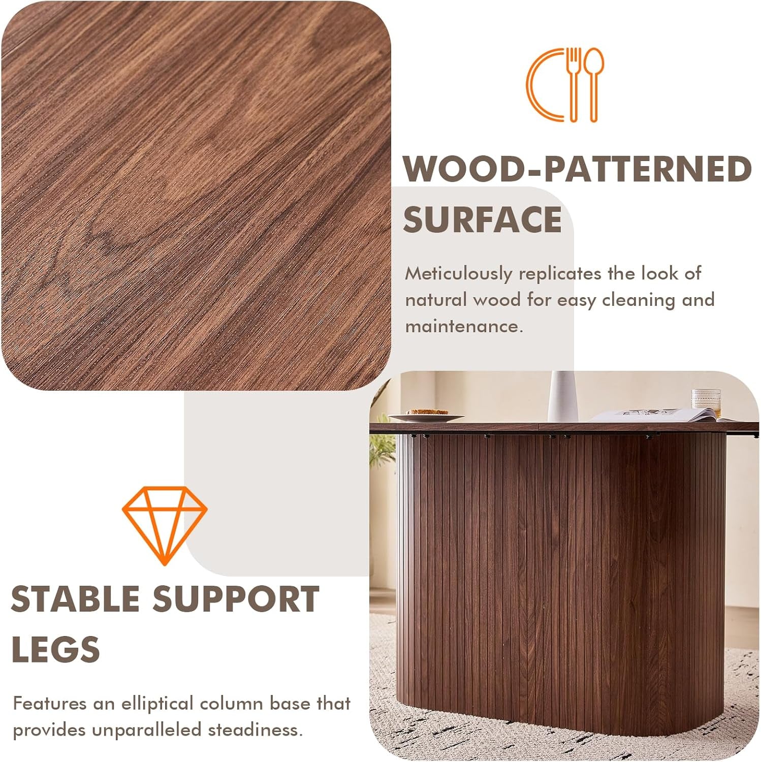 63" Large Dining Table for 4 6 Person, [Rounded Corners] [Wood Strip Pedestal Base] Farmhouse Modern Rectangle Kitchen Dinner Table
