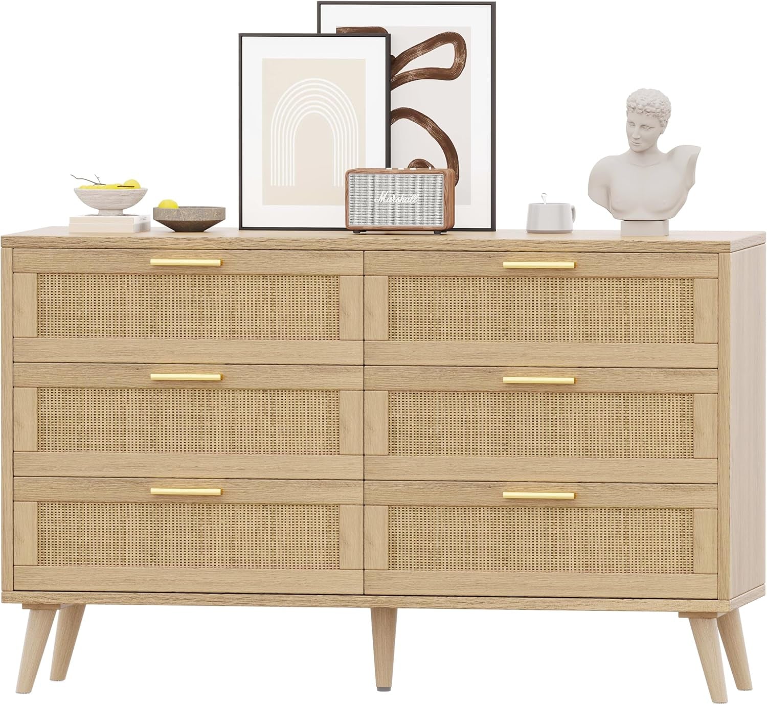 6 Drawer Double Dresser for Bedroom, Rattan Chest of Dressers, Modern Wooden Dresser Chest with Golden Handles, beside Table for Closet, Living Room and Entryway, Natural
