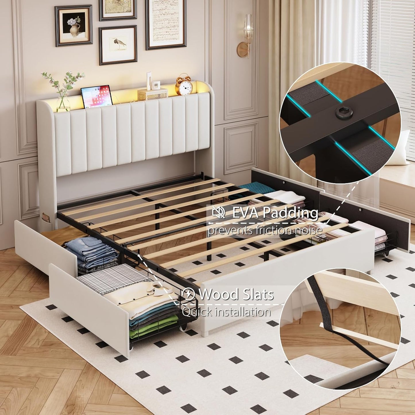 Queen Bed Frame with 4 Drawers and Storage Headboard, Upholstered Platform Bed Frame Queen Size with Led Lights and Handy Charging Station, No Box Spring Needed, Easy Assembly, Noise Free, Beige