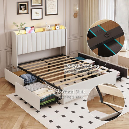 Queen Bed Frame with 4 Drawers and Storage Headboard, Upholstered Platform Bed Frame Queen Size with Led Lights and Handy Charging Station, No Box Spring Needed, Easy Assembly, Noise Free, Beige