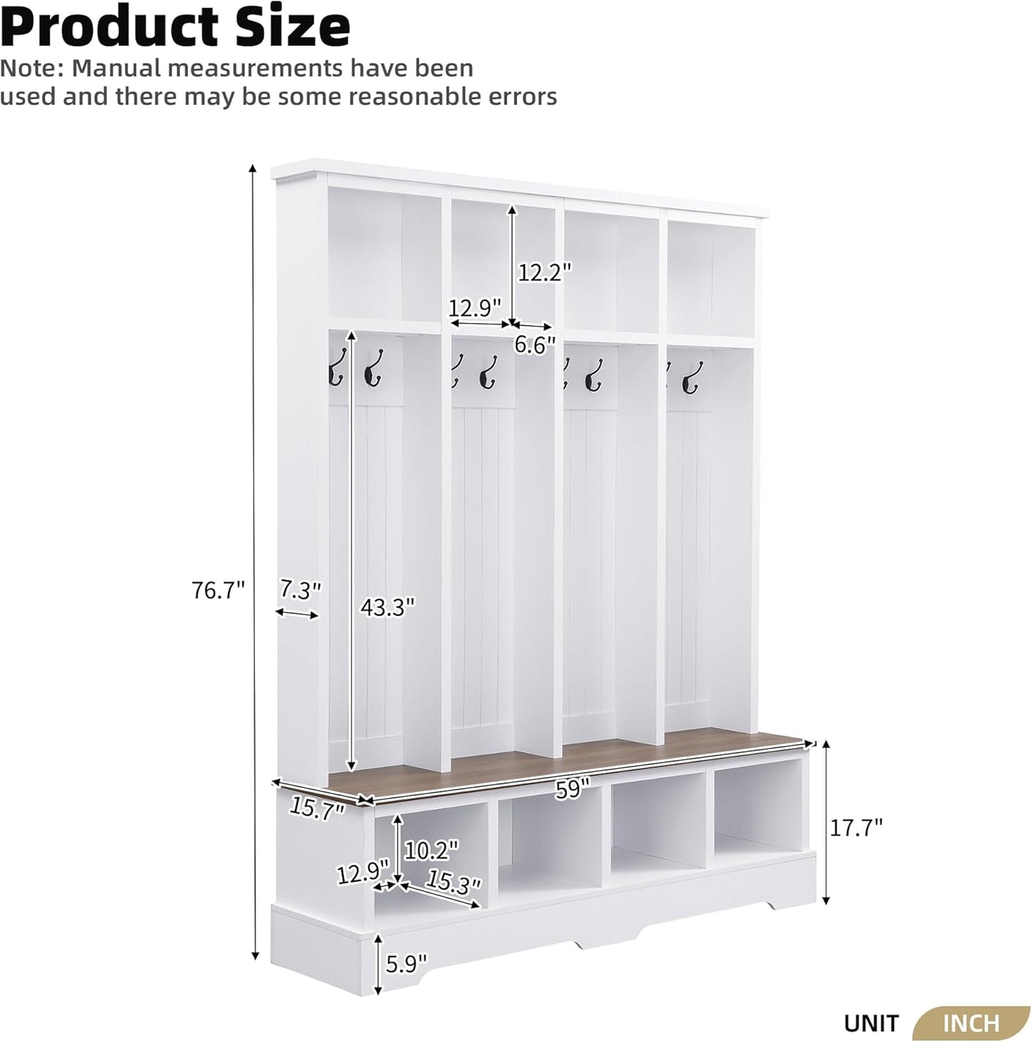 Farmhouse Hall Tree with 8 Hooks,Entryway Cabinet W/Bench,Multi-Functional Coat Rack W/4 Storage Unit and 4 Shoe Cabinet,Entryway Cabinets for Hallway,Living Room,Mudroom,White