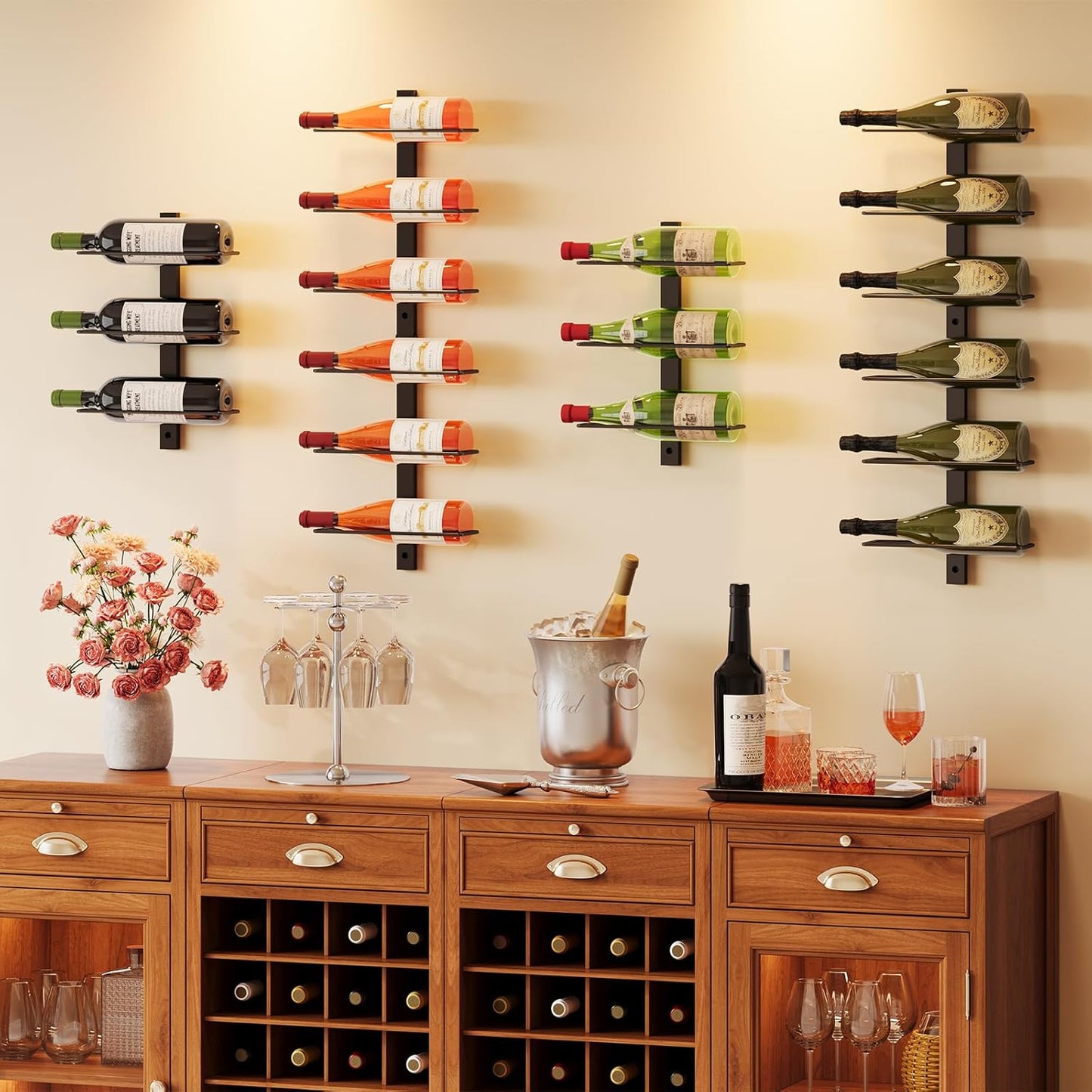 DIY 12 Bottles Wall Mounted Wine Rack, Detachable Wine Storage Organizer, Used Alone or a Set of 4, Wall Wine Display, for Kitchen, Dining Room, Bar, Wine Cellar