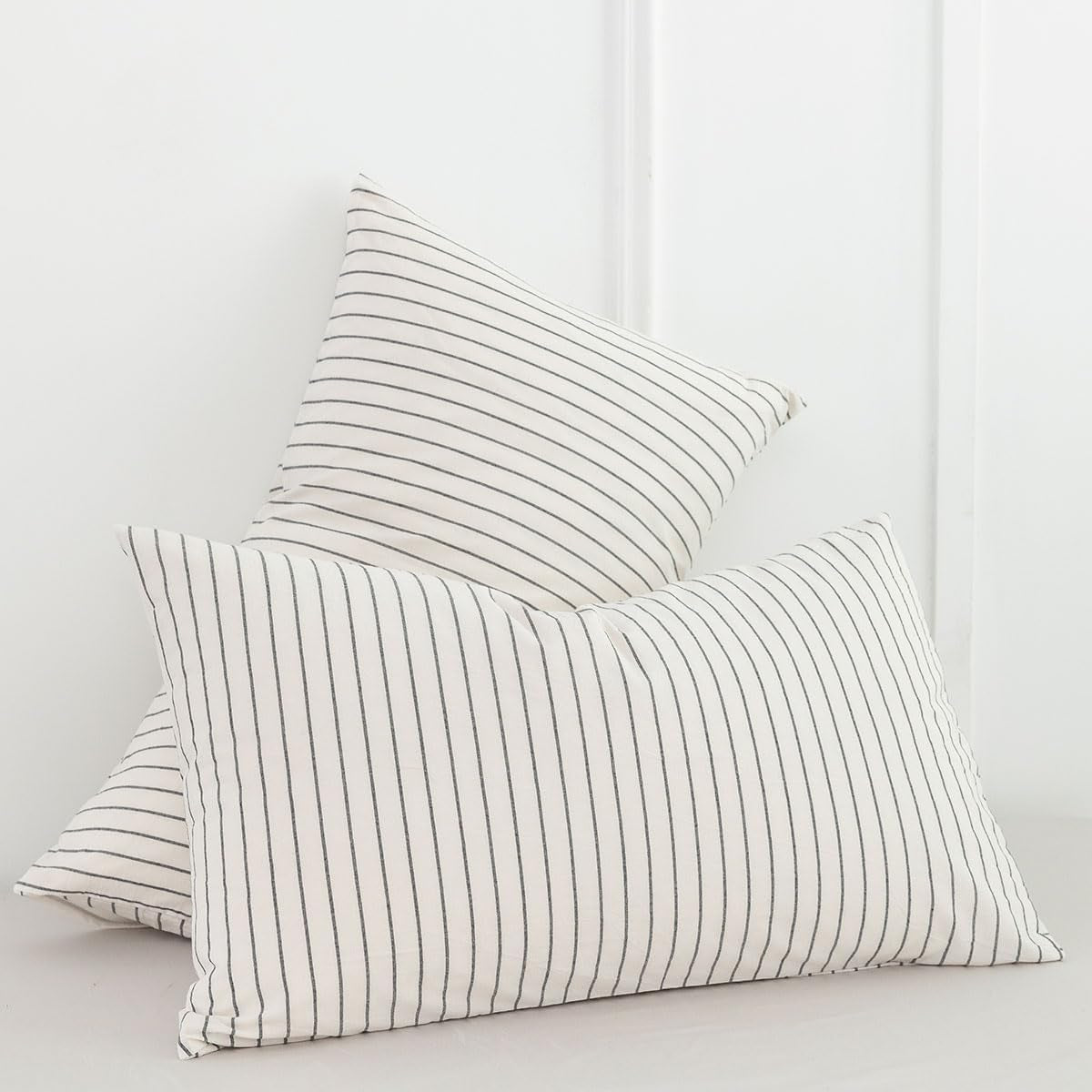 Bedding Pillowcases Striped Pack of 2 100% Washed Cotton Linen like Textured Breathable Durable Soft Comfy (White Dark Grey Wide Stripes, King)
